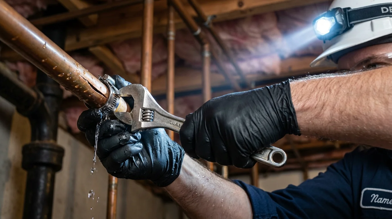 Emergency pipe clamp repair being performed by a Johns Plumbing LLC plumber in Chisago City