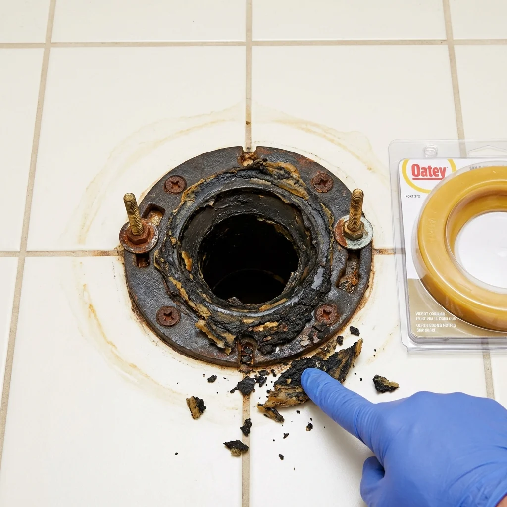 Failed wax ring showing water seepage at the base of a toilet in a Chisago City, MN home