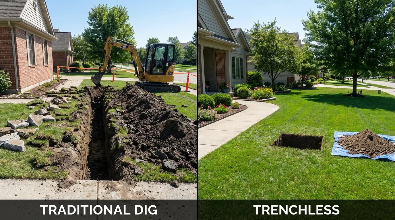 Trenchless sewer repair with minimal yard damage versus traditional excavation in Chisago City, MN