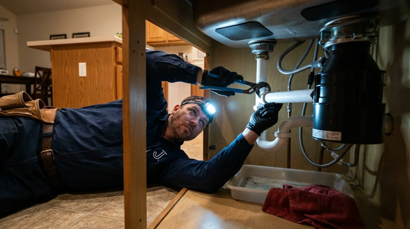 P-trap and supply line connections under a kitchen sink showing a common leak point in Chisago City, MN